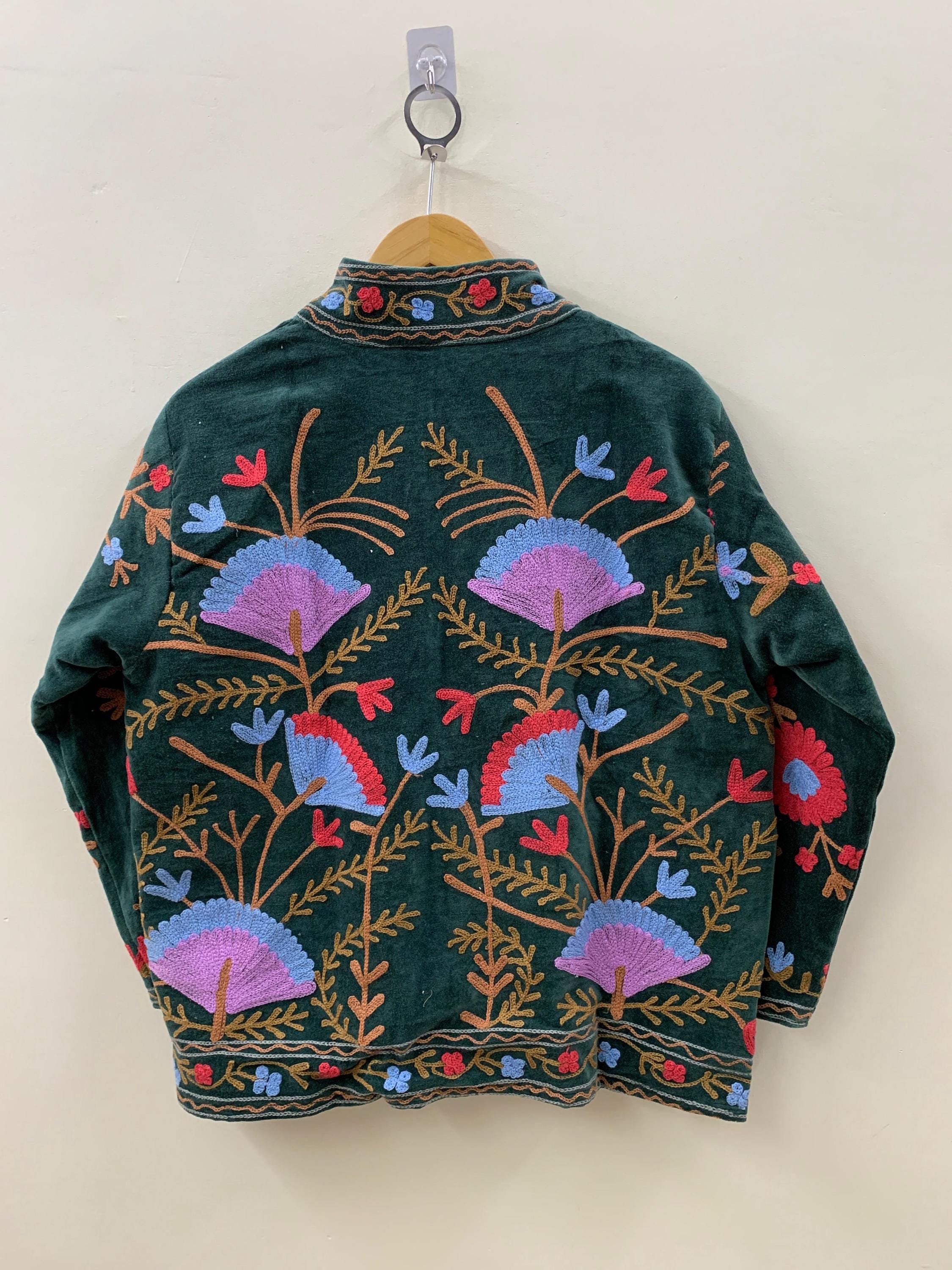 Green Suzani Embroidered Short Velvet Jacket |Festival Handmade Coat |Ethnic Artisan Outerwear | Bohemian Velvet Jacket for Women |Gift Idea
