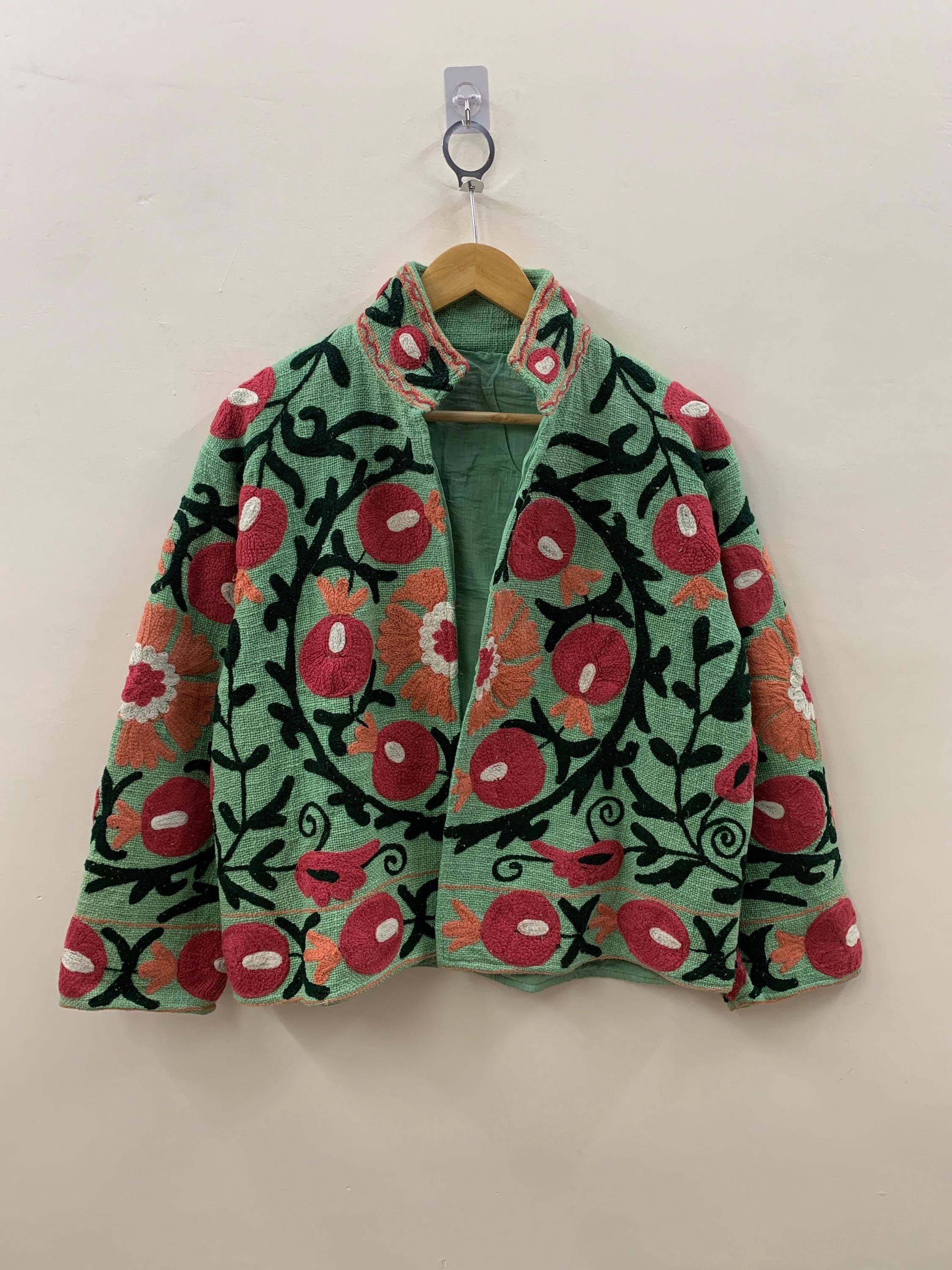 Green Suzani TNT Fabric Short Boho Jacket | Long Sleeve Button Winter Coat | Short Jacket | Spring Bomber Jacket | Gift For Her | TNT Coat