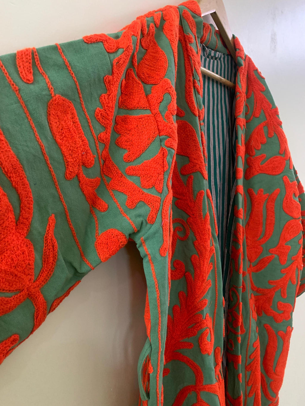 Vintage Canvas Cotton Kimono Summer Long Jacket | Hand Embroidered Robe | Boho Clothing | Statement Kimono | Dressing Gown | Gift For Wife