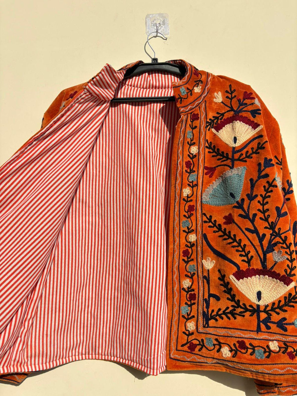 Orange Suzani Embroidered Velvet Jacket | Boho Coat | Ethnic Kimono Jacket | Warm Winter Outerwear | Gift for Her | Cropped Kimono Jacket