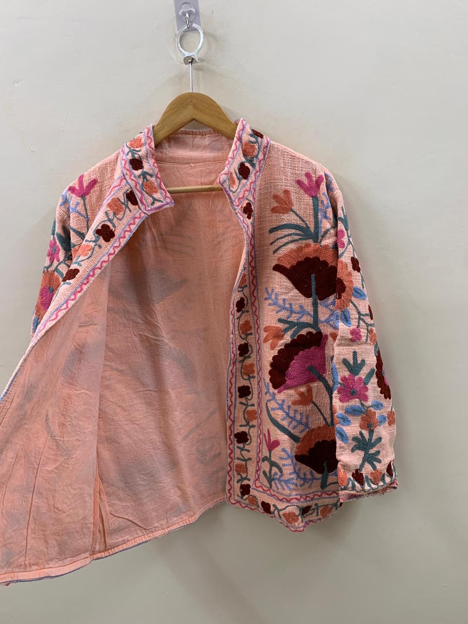 Pink Suzani TNT Fabric Short Boho Jacket | Long Sleeve Button Winter Coat