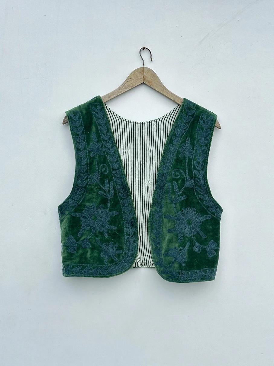 Boho Suzani Velvet Vest | Hand Floral Sleeveless Jacket | Vintage Inspired Festival Statement Layer | Green Ethnic Waistcoat | Gift for Her