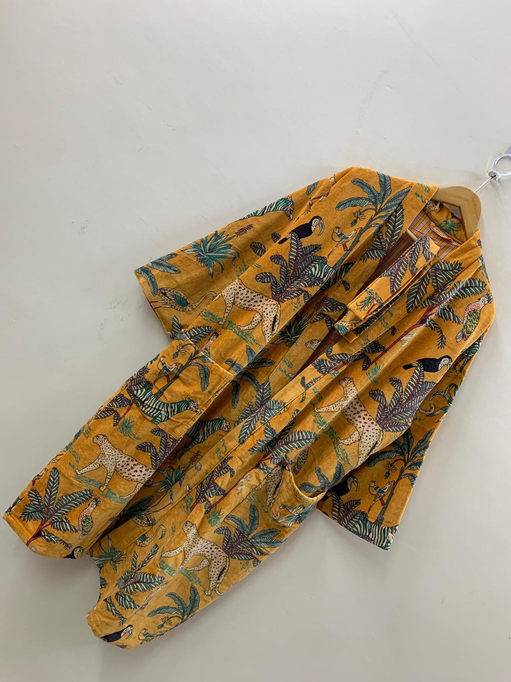 Yellow Leopard Print Velvet Kimono Robe | Bold Animal Print Loungewear | Soft Dressing Gown with Belt |Statement Kimono Jacket| Glam Robe