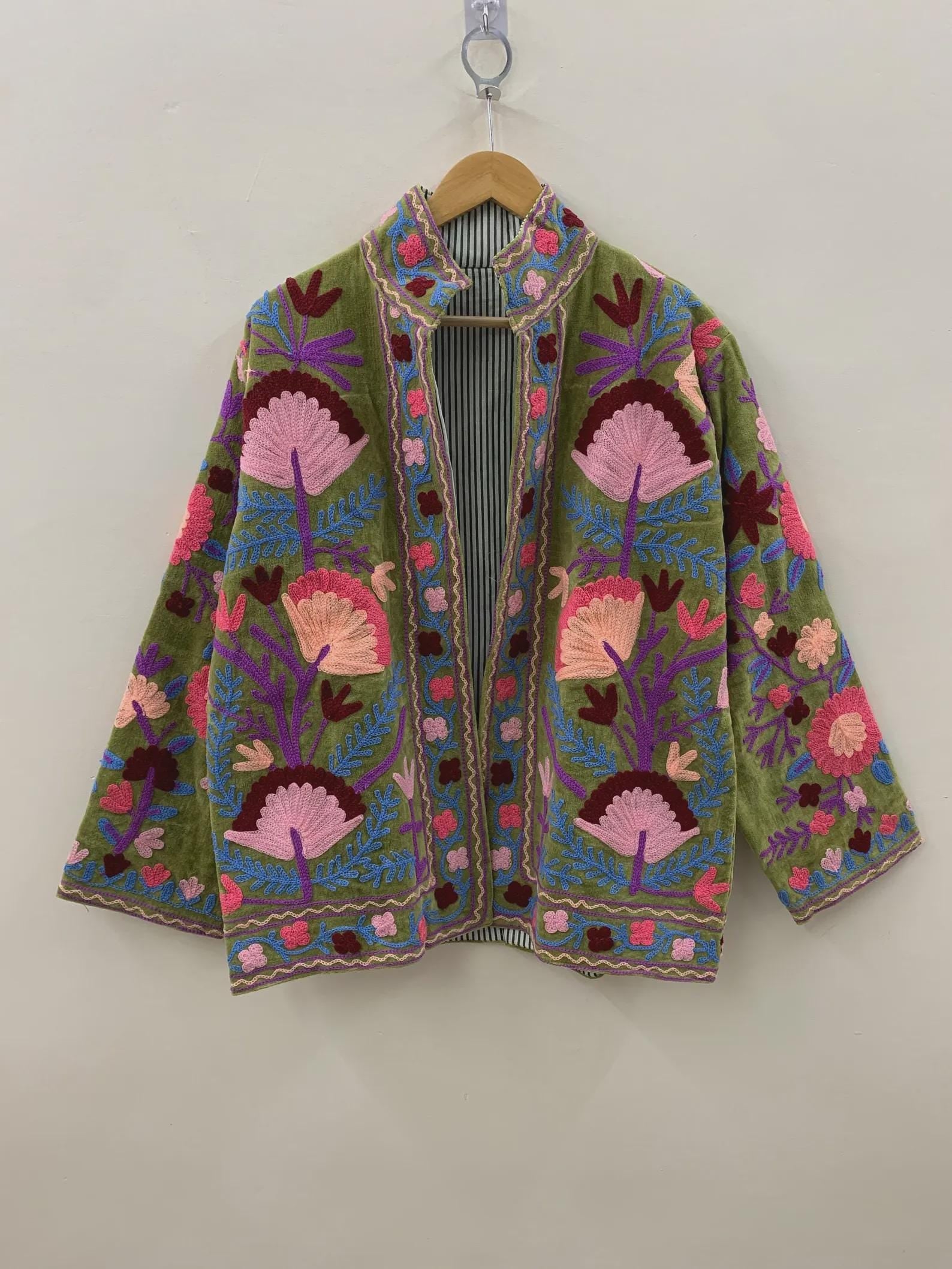 Suzani Embroidered Velvet Winter Jacket | Handmade Short Festival Coat | Ethnic Bohemian Outerwear | Winter Kimono Jacket | Gift For Wife