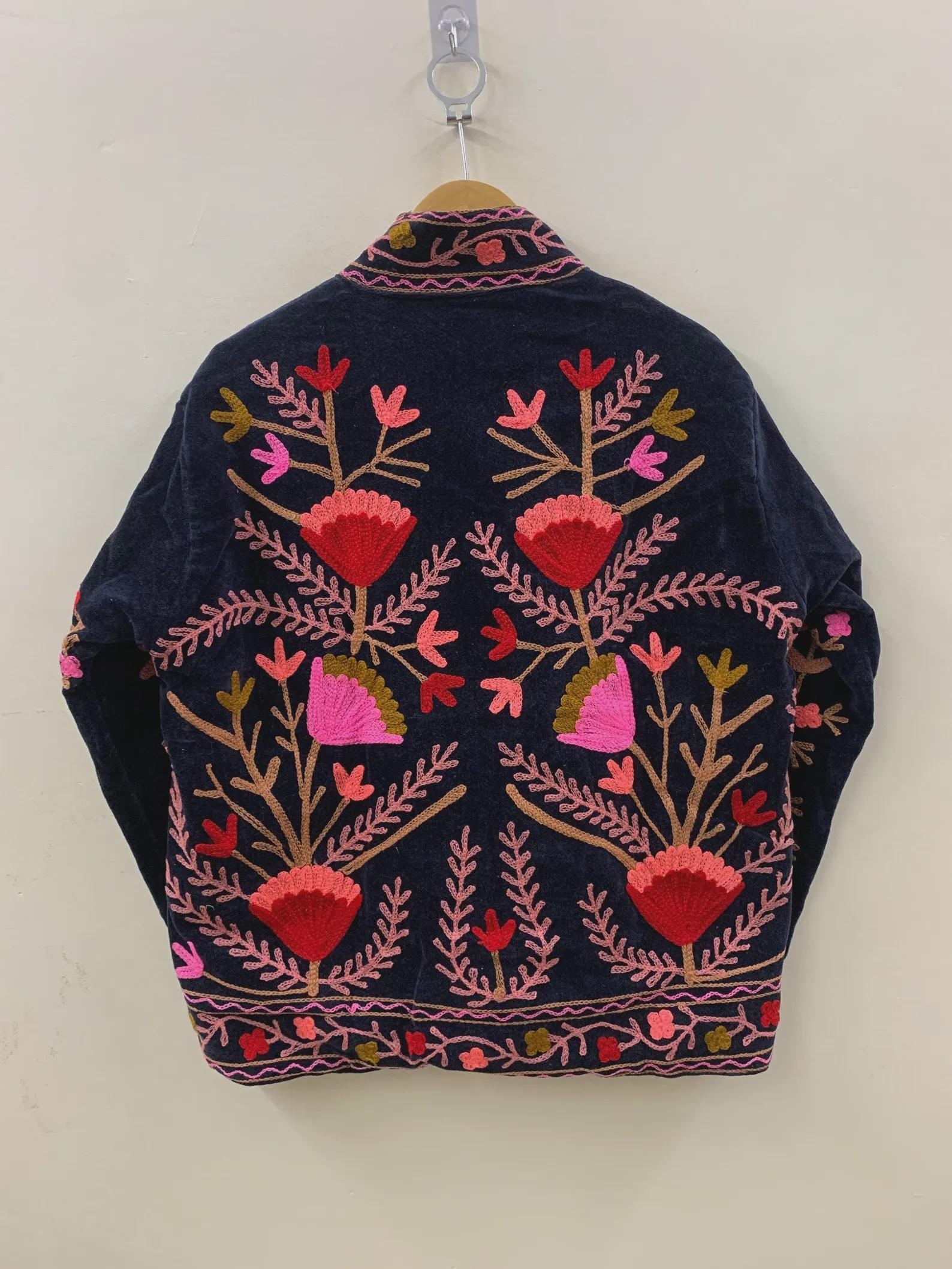 Embroidered Velvet Suzani Winter Jacket | Indian Boho Style Coat | Spring Bomber Jacket | Gift For Her | Suzani Outerwear | Duster Jacket
