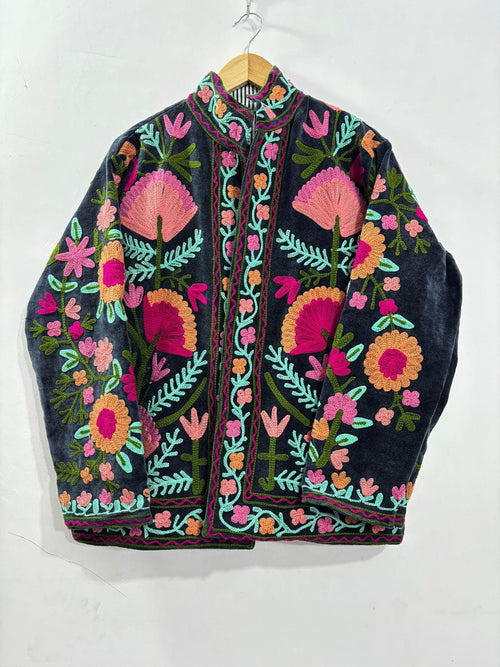 Boho Suzani Velvet Short Jacket – Boho Embroidered Coat- Winter Coat - Uzbek Travel Jacket, Festival Jacket Style Outerwear -Street Jacket