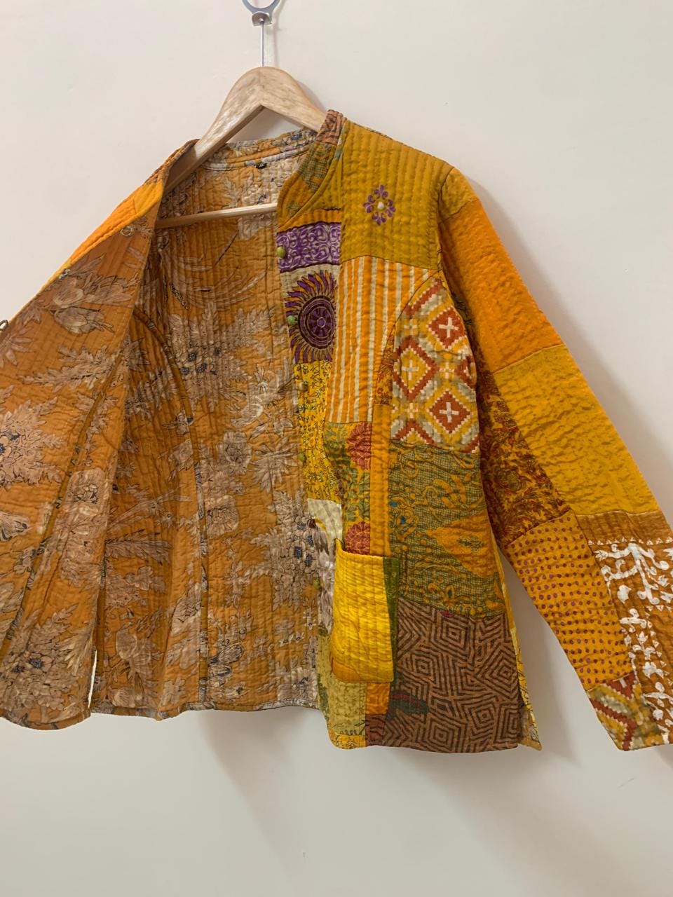 Boho Mustard Silk Quilted Patchwork Jacket | Style Wearable Art | Statement Layer Jacket | Kantha Coat | Short Jacket | Winter Wear Jacket