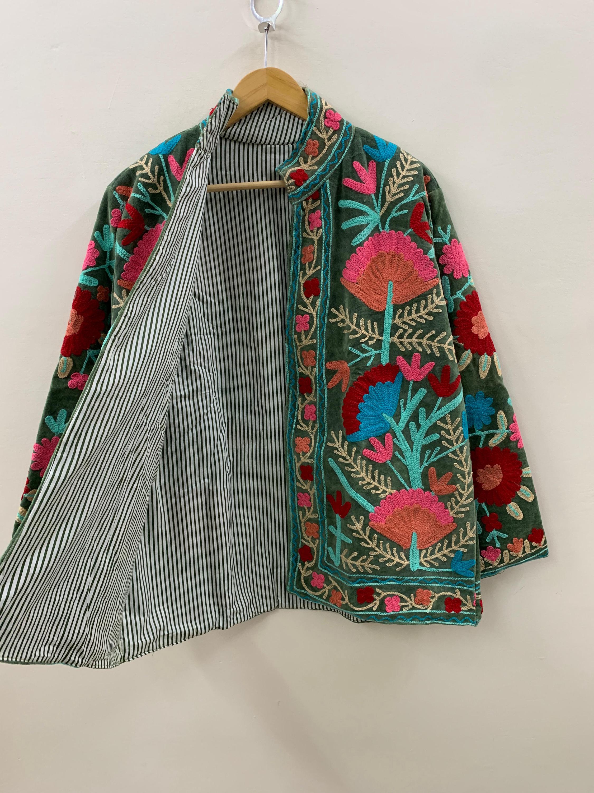 Embroidery Velvet Handmade Suzani Jacket | Women's Floral Clothing | Gift For Her | Bomber Winter Jacket | Street Kimono Jacket |Spring Coat