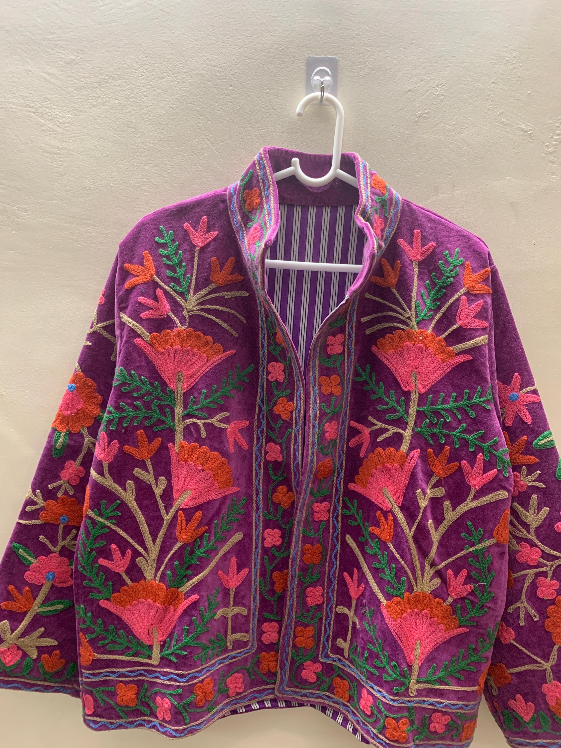 Vintage Suzani Embroidered Velvet Jacket |Pink Jacket | Bomber Hippie Jacket | Winter Warmed Coat | Gift For Her |Duster Short Floral Jacket