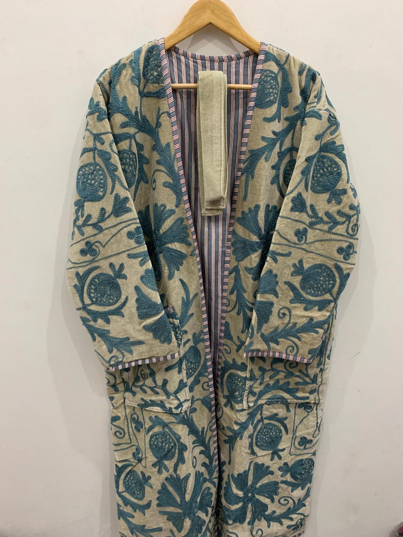 Bohemian Long Suzani Kimono Robe | Vintage Embroidered Duster Jacket | Handmade Uzbek Coat | Boho Festival Outfit | One Size | Duster Robe