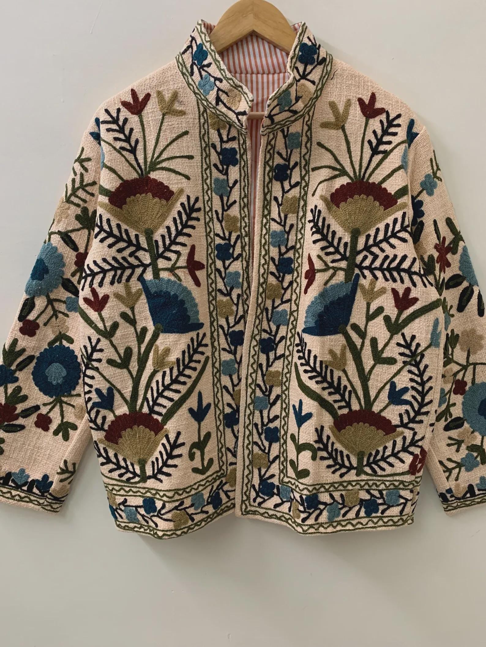 Vintage TNT Suzani Short Jacket |Vintage Embroidered Floral Coat |Ethnic Uzbek Textile |Festival Kimono Jacket |Warm Outerwear |Gift For Her