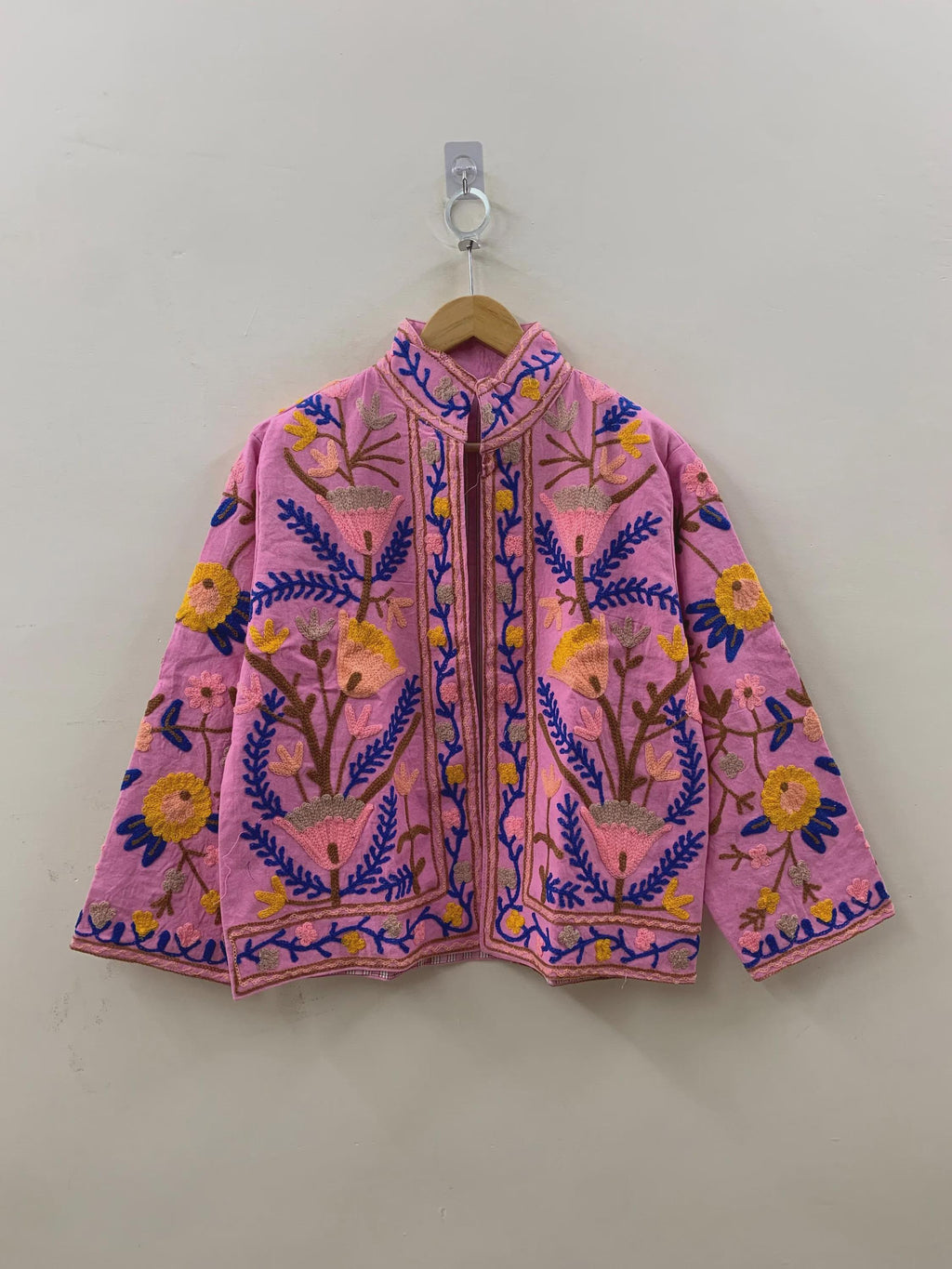 Pink Cotton Suzani Short Jacket | Handmade Embroidered Boho Coat | Floral Bohemian Festival Jacket | Ethnic Artisan Outerwear | Gift for Her