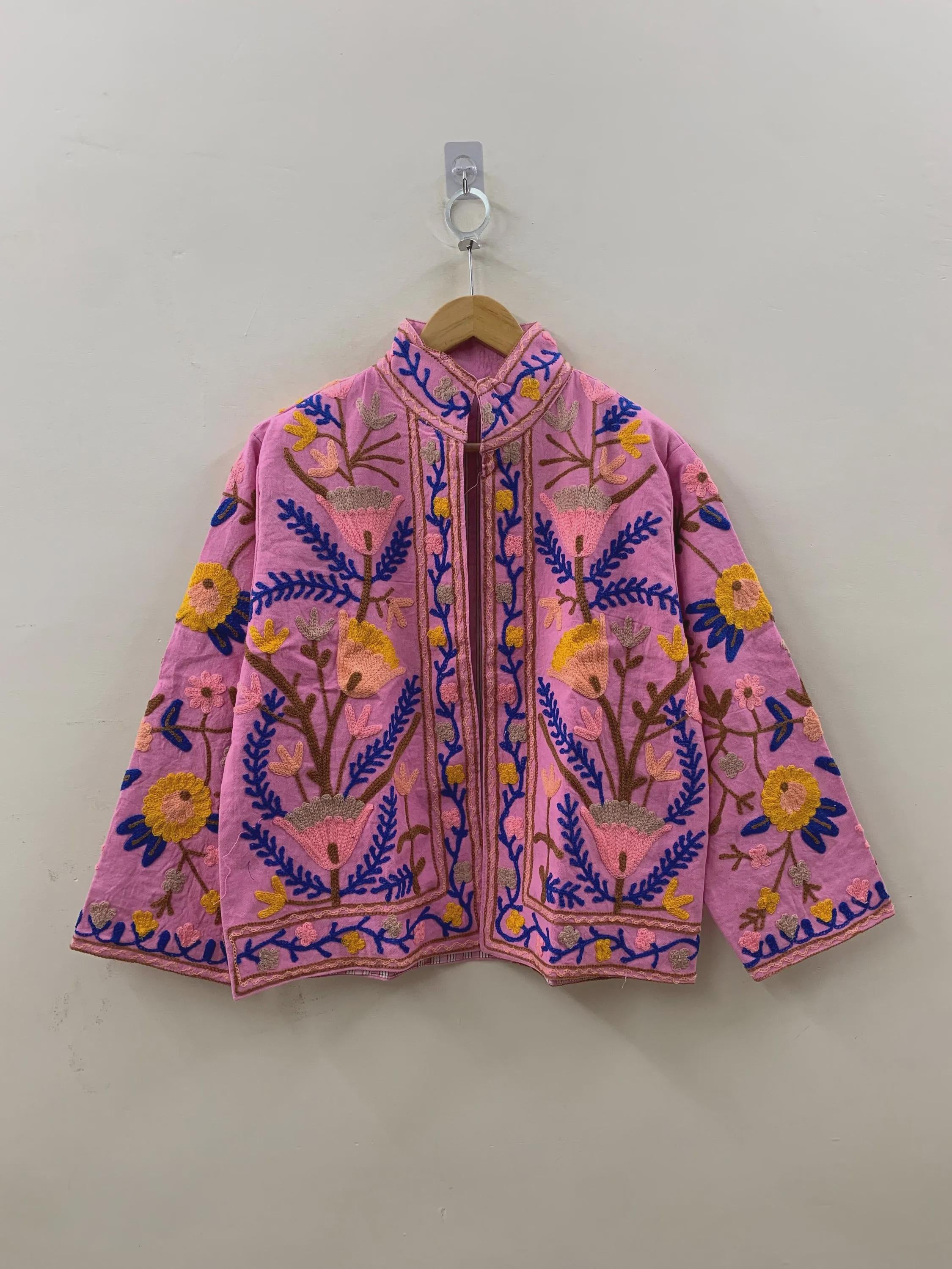 Pink Cotton Suzani Short Jacket | Handmade Embroidered Boho Coat | Floral Bohemian Festival Jacket | Ethnic Artisan Outerwear | Gift for Her