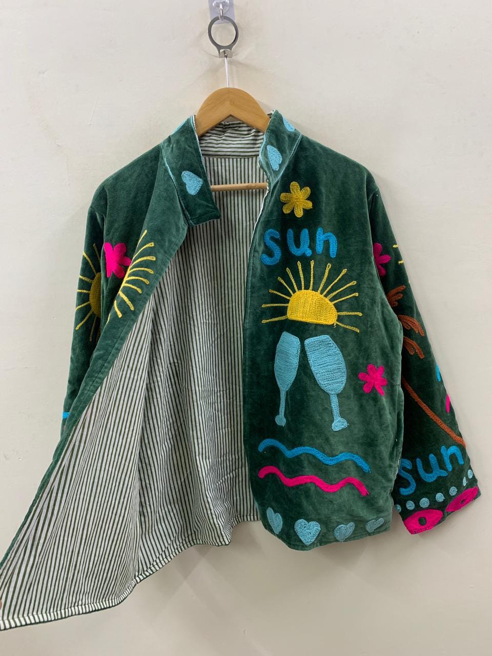Green Velvet Suzani Short Spring Jacket |Embroidered Statement Coat | Sun, Palm, Moon & Heart Design | Colorful Festival Jacket |Duster Coat