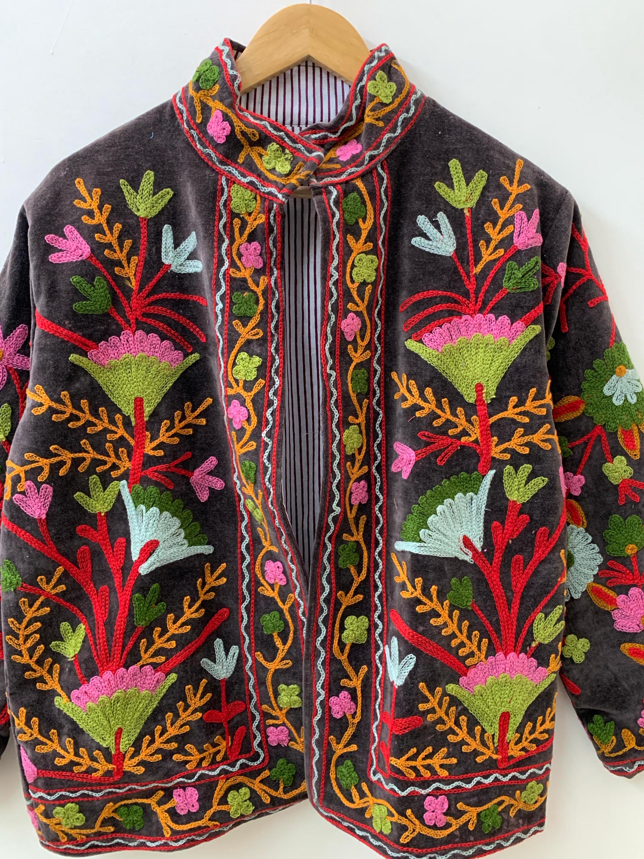 Embroidered Velvet Suzani Winter Jacket | Indian Boho Style Coat | Spring Bomber Jacket | Gift For Her | Suzani Outerwear | Duster Jacket