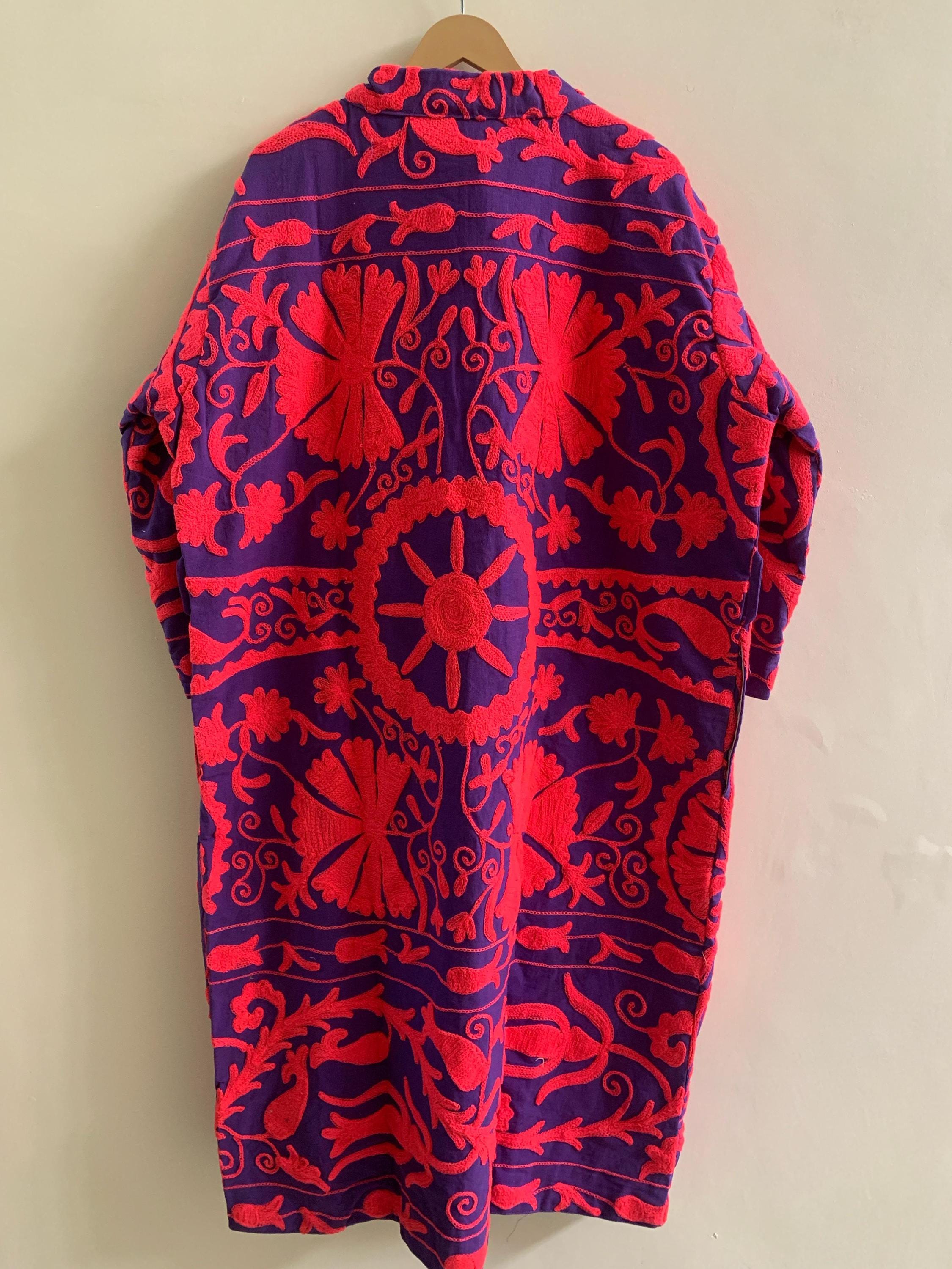 Embroidered Kimono Jacket Gift for Her | Unisex Boho Kimono | Purple Cotton Canvas Robe | Handmade Duster | Beach Cover Up | Festival Wear