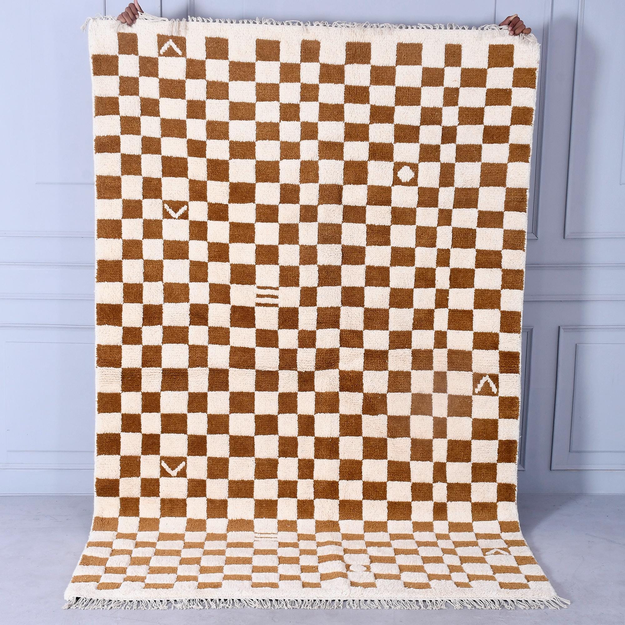 Hand-Tuffted Brown Checkered Moroccan Rug, Brown Checkered Wool Rug For Living Room, Home Decor, Christmas Gift, Custom Moroccan Area Carpet
