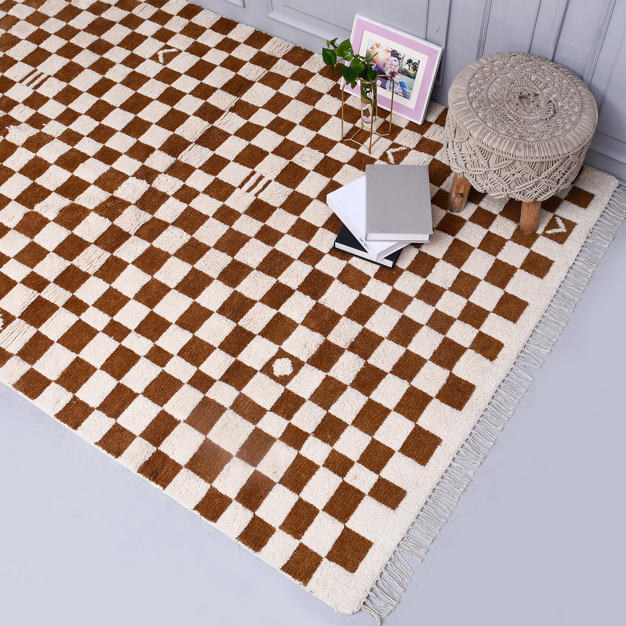 Brown Checkered Moroccan Rug, Brown Beni Ourain  Rug, Brown Wool Rug, Handmade Checkered Rug, Christmas Decor, Custom Design 8x10 FT Rug
