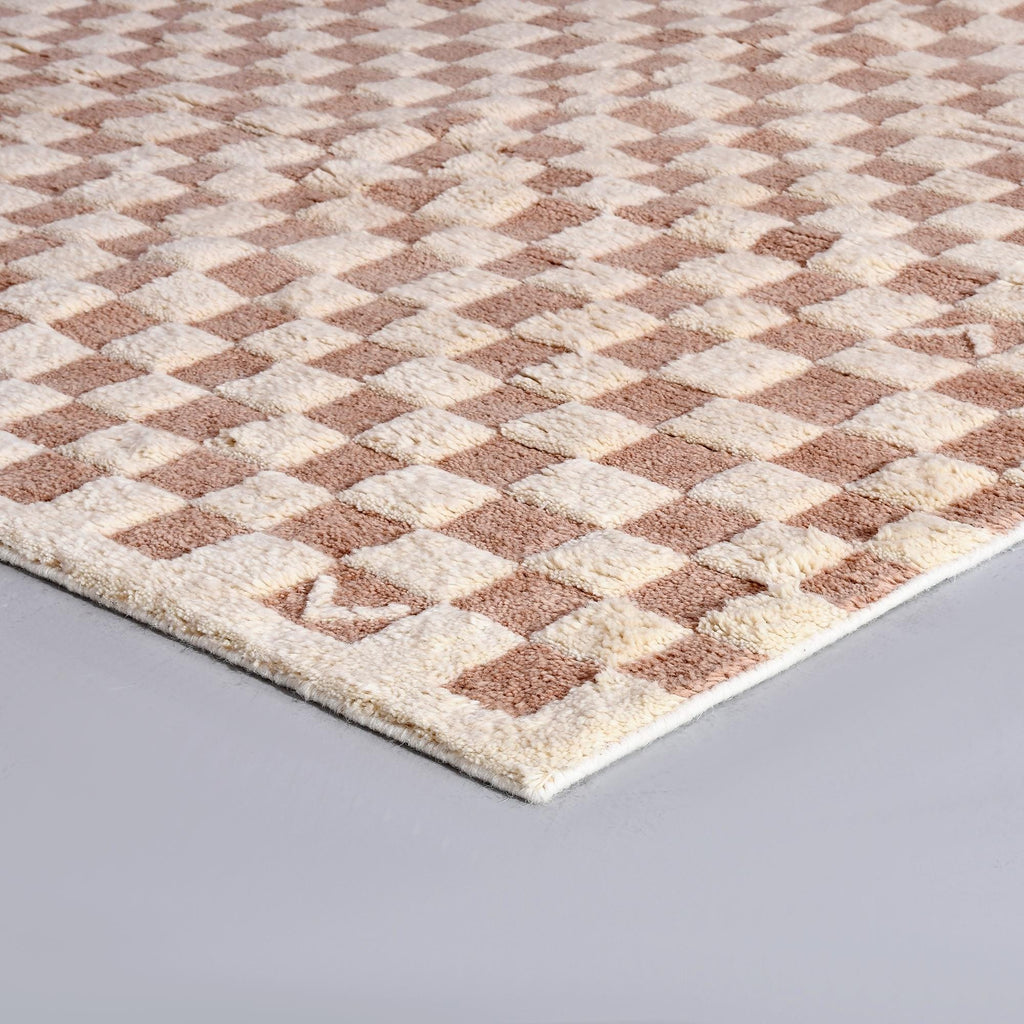 Checkered Moroccan Rug, Pinkish Moroccan Area Rug For Home Décor, Beige Checkered Wool Rug, Custom Hand-Knotted Checkerboard Rug For Bedroom