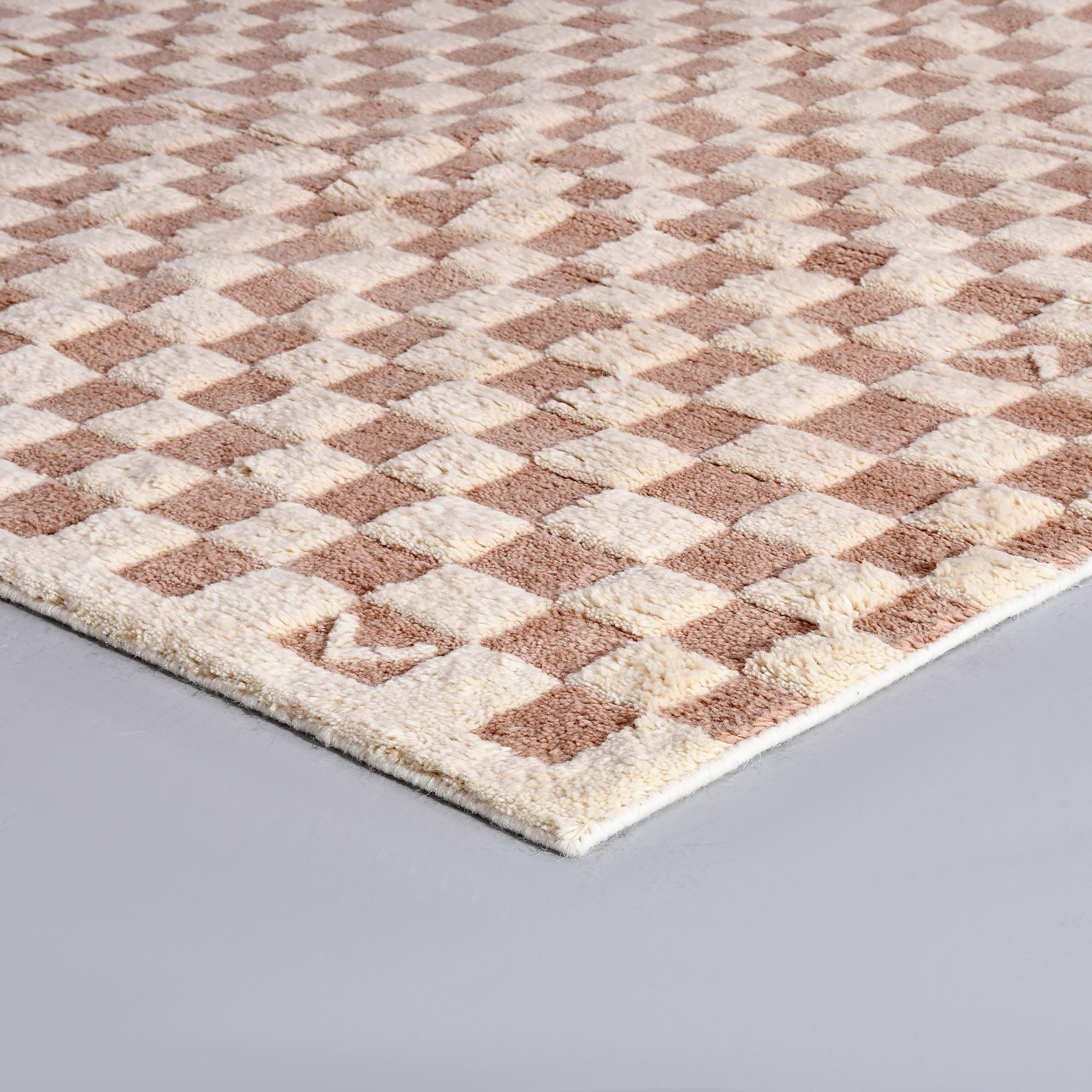 Checkered Moroccan Rug, Pinkish Moroccan Area Rug For Home Décor, Beige Checkered Wool Rug, Custom Hand-Knotted Checkerboard Rug For Bedroom