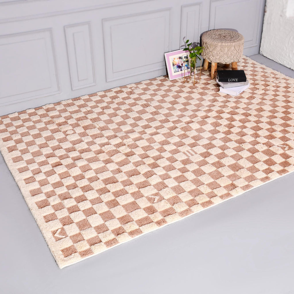 Checkered Moroccan Rug, Pinkish Moroccan Area Rug For Home Décor, Beige Checkered Wool Rug, Custom Hand-Knotted Checkerboard Rug For Bedroom