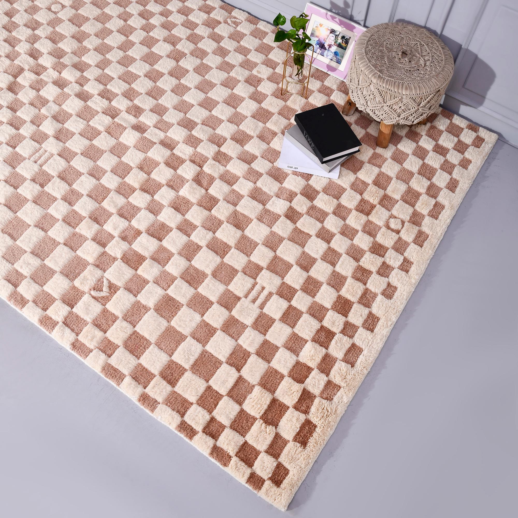 Checkered Moroccan Rug, Pinkish Moroccan Area Rug For Home Décor, Beige Checkered Wool Rug, Custom Hand-Knotted Checkerboard Rug For Bedroom