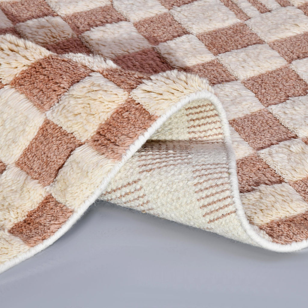 Checkered Moroccan Rug, Pinkish Moroccan Area Rug For Home Décor, Beige Checkered Wool Rug, Custom Hand-Knotted Checkerboard Rug For Bedroom