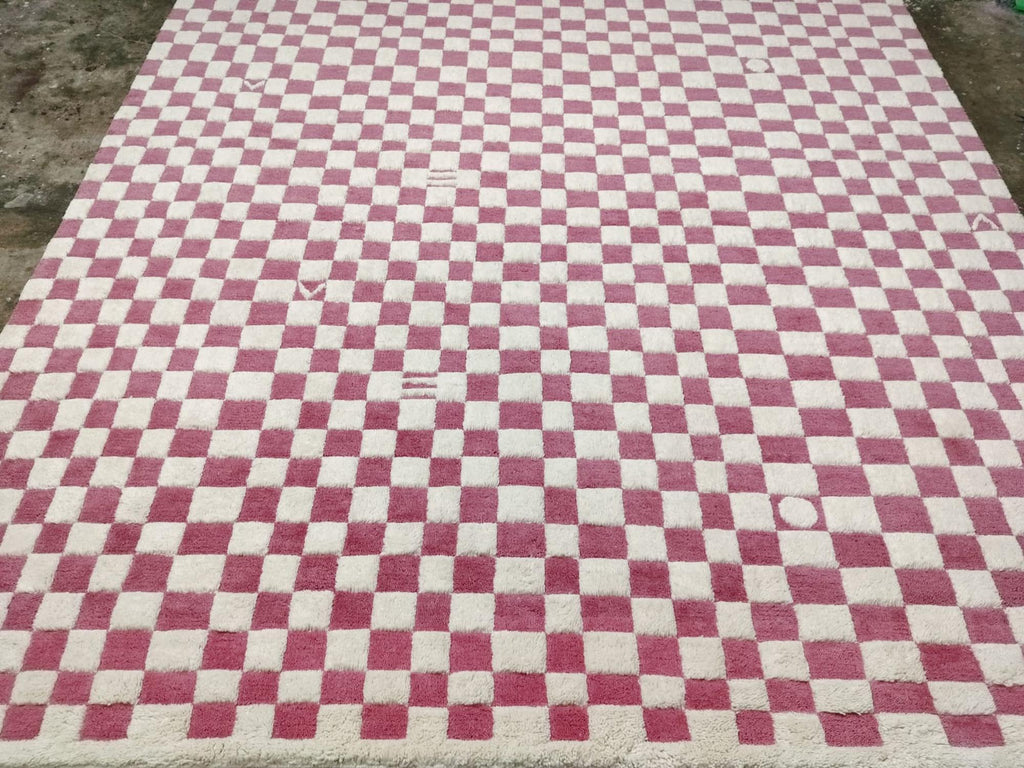 Beni-Ourain, Pink Moroccan Rug, Checkered Rug, Custom Area Rug For Home Decor, Living Area, Christmas Gift, Handwoven Wool Check Rug