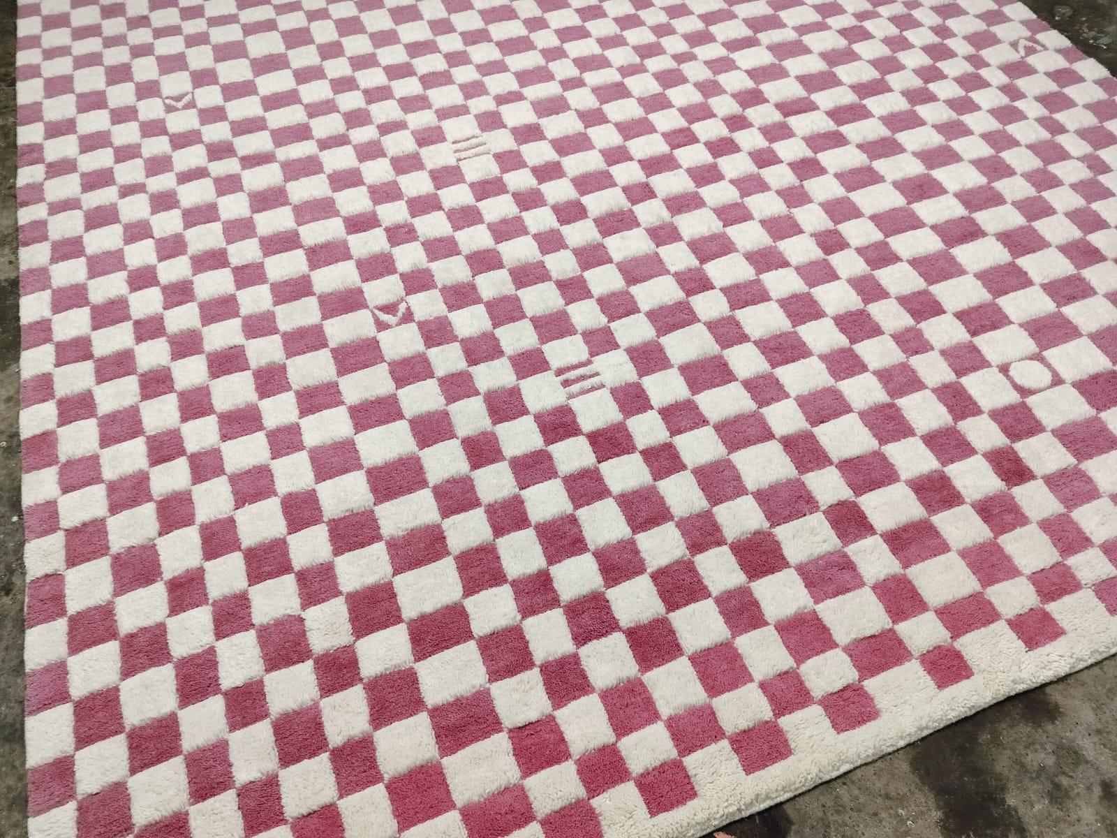 Beni-Ourain, Pink Moroccan Rug, Checkered Rug, Custom Area Rug For Home Decor, Living Area, Christmas Gift, Handwoven Wool Check Rug