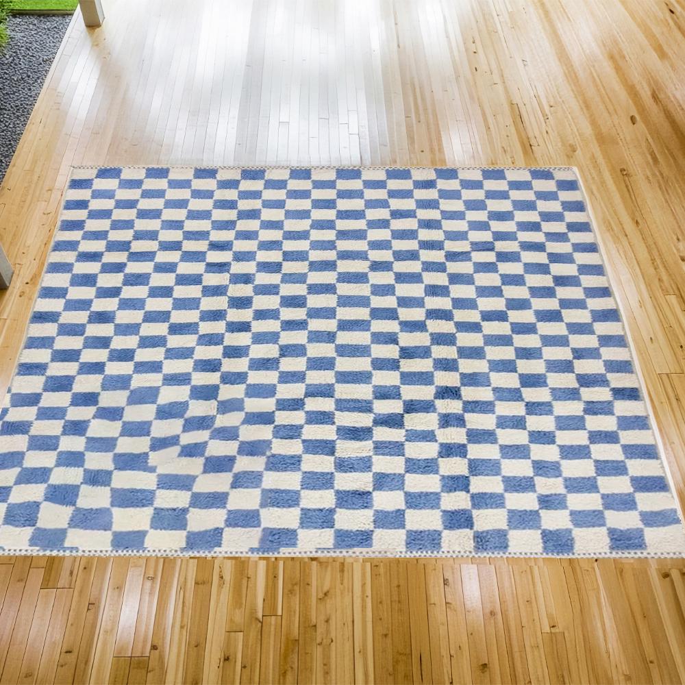 Blue Checkered Wool Rug | Cozy Home Decor, Soft and Durable, Perfect for Living Room & Bedroom, Handmade, Stylish Eco-Friendly Area Rug