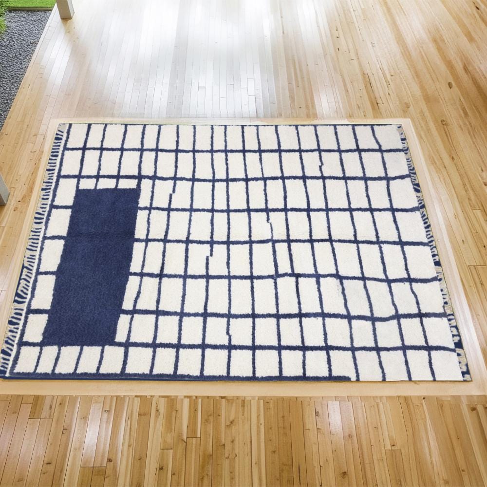 Checkered Moroccan Rug | Blue Hand-Knotted Area Rug for Home Décor | Custom Wool Checkerboard Rug for Bedroom, Dining Area, X-Mas Gift