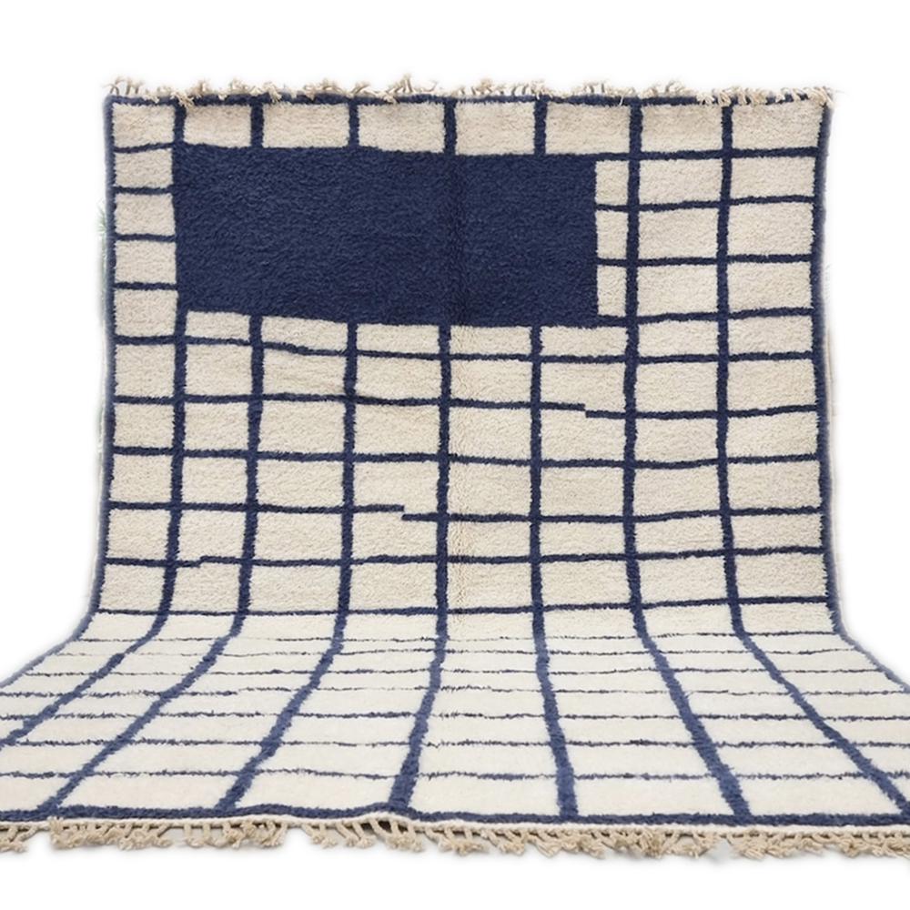 Checkered Moroccan Rug | Blue Hand-Knotted Area Rug for Home Décor | Custom Wool Checkerboard Rug for Bedroom, Dining Area, X-Mas Gift