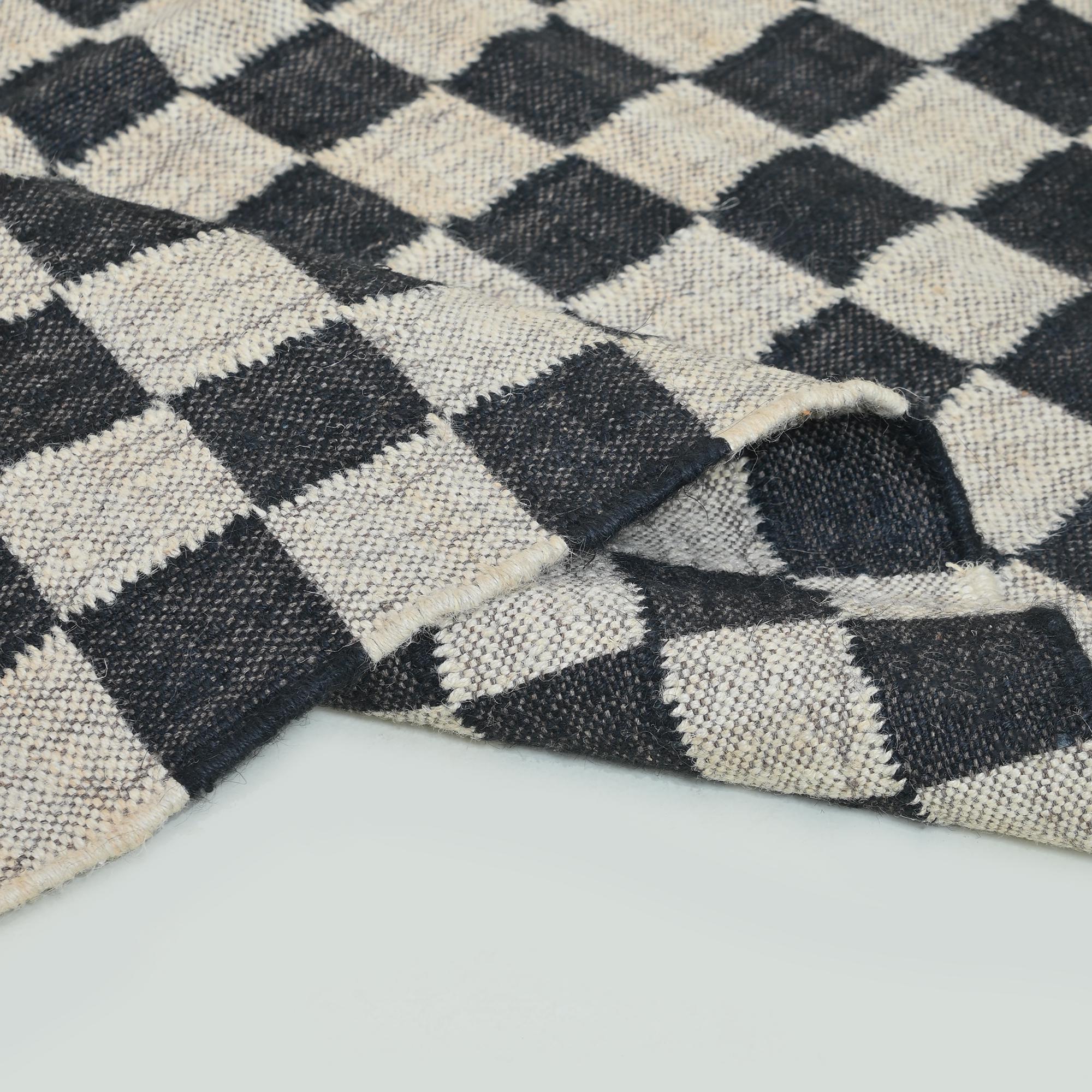 Jute Killim Checkered Rug, Wool Jute Area Rug For Living Room Decor, Kitchen Rug, Bedroom Rug, Black Checkered Rug, Custom Size Jute Rug
