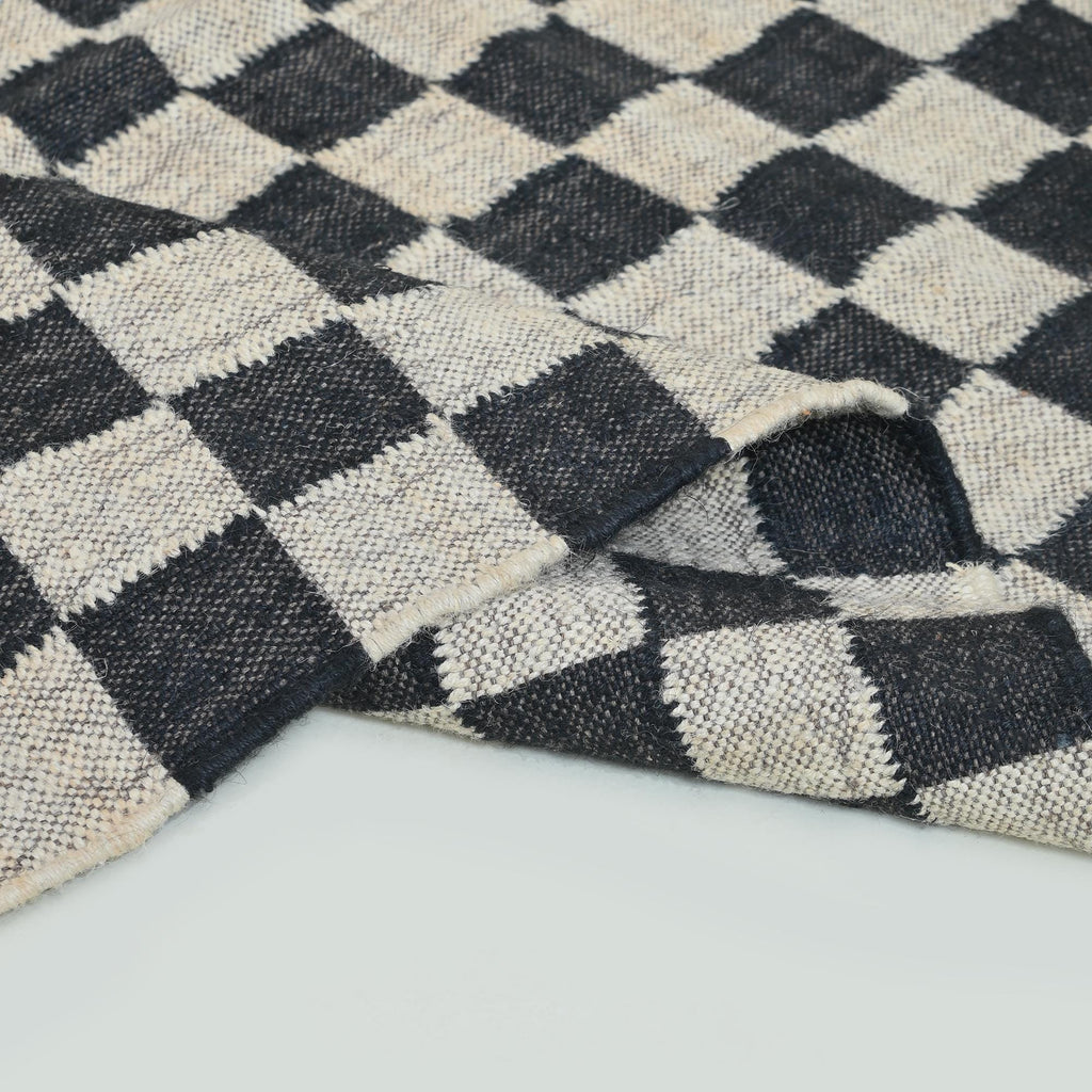 Handmade Black Checker Rug, Jute Kilim Black Checkerboard Rug, Home Decor Black Checkerboard Dhurrie, Custom Area Runner Rug