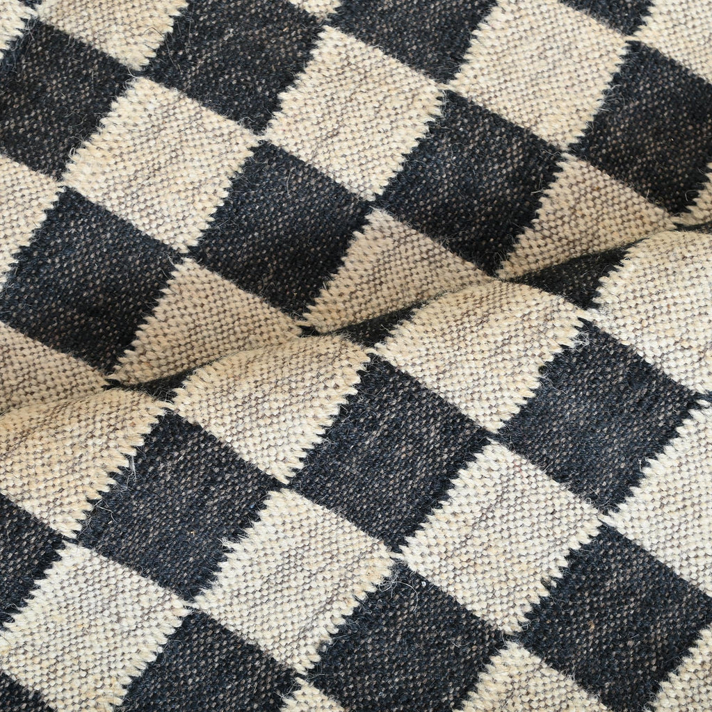 Handmade Black Checker Rug, Jute Kilim Black Checkerboard Rug, Home Decor Black Checkerboard Dhurrie, Custom Area Runner Rug
