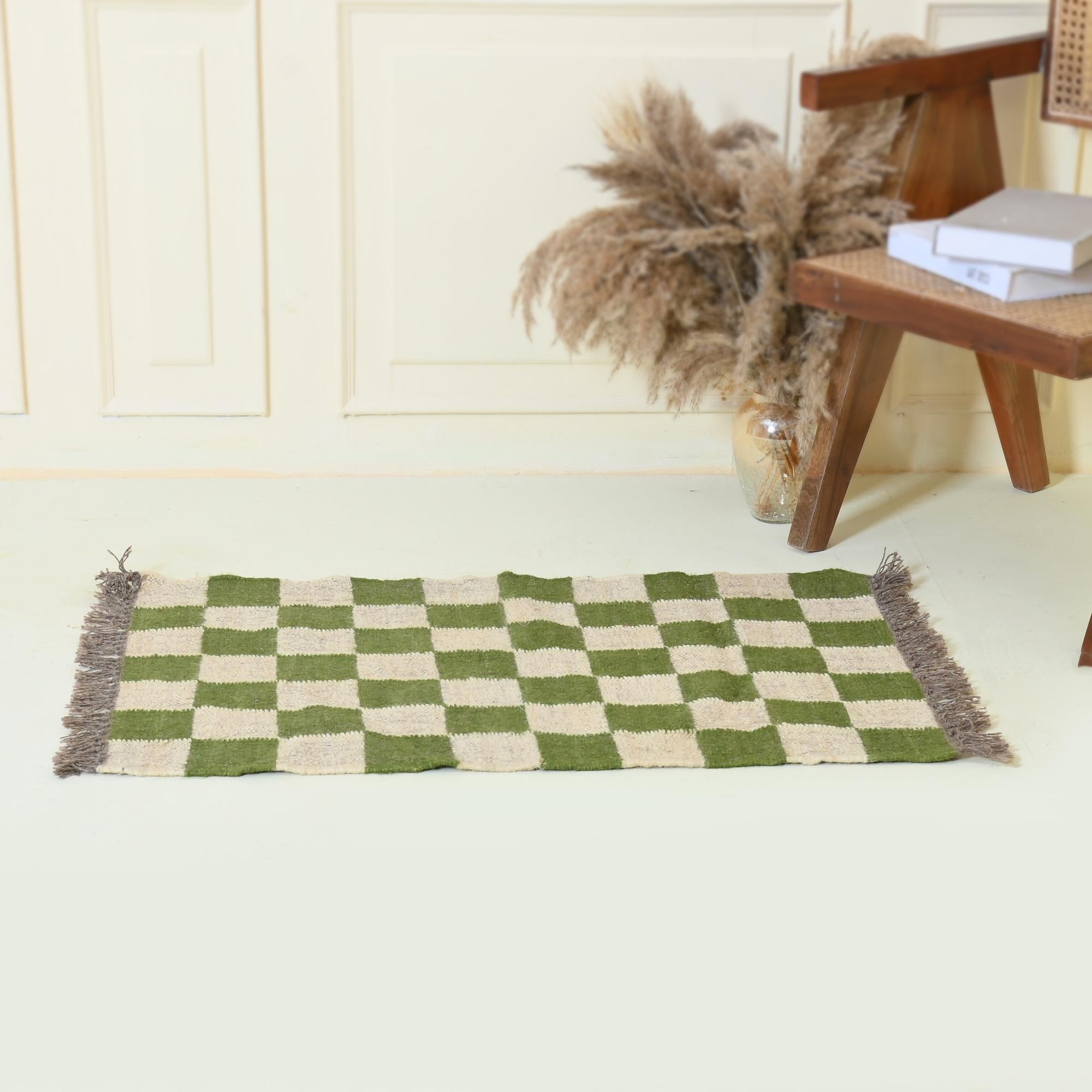 Checkered Killim Jute Rug, Wool Jute Rug For Bedroom, Living Room, Dining Area, Green Checkered Rug, Custom Size Runner Rug, Free Delivery