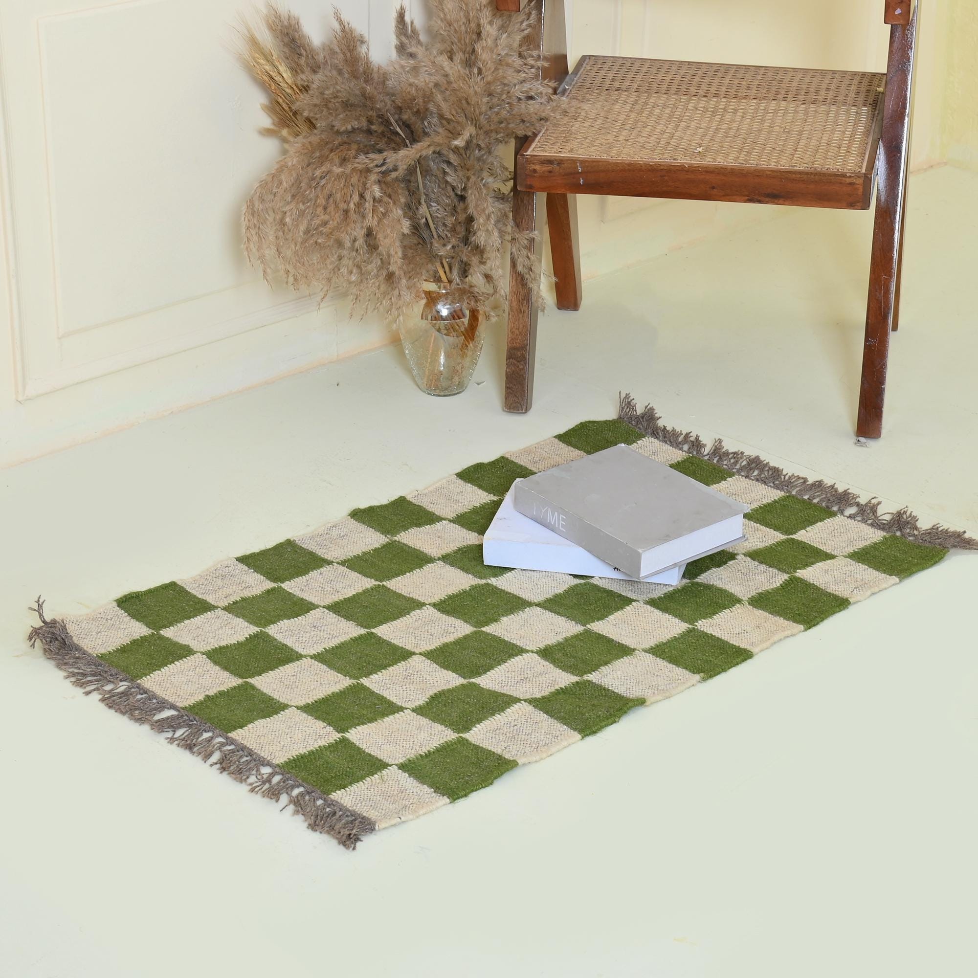 Checkered Killim Jute Rug, Wool Jute Rug For Bedroom, Living Room, Dining Area, Green Checkered Rug, Custom Size Runner Rug, Free Delivery