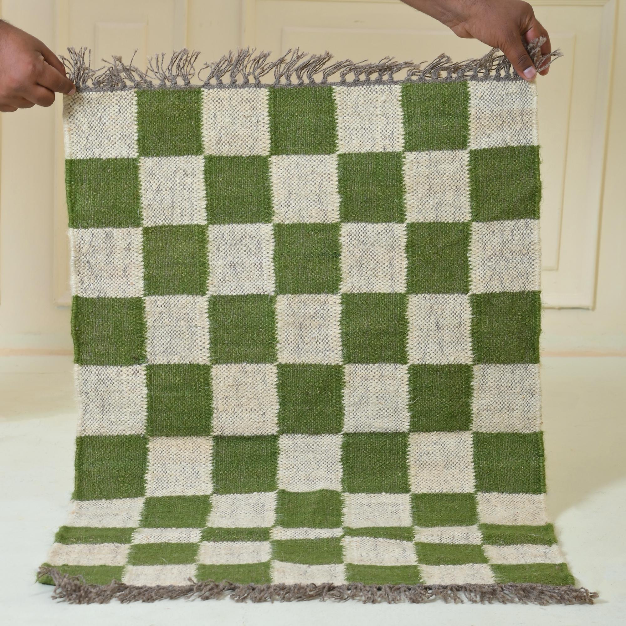Checkered Killim Jute Rug, Wool Jute Rug For Bedroom, Living Room, Dining Area, Green Checkered Rug, Custom Size Runner Rug, Free Delivery