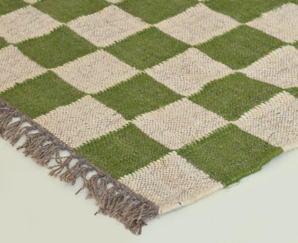 Checkered Killim Jute Rug, Wool Jute Rug For Bedroom, Living Room, Dining Area, Green Checkered Rug, Custom Size Runner Rug, Free Delivery