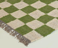 Checkered Killim Jute Rug, Wool Jute Rug For Bedroom, Living Room, Dining Area, Green Checkered Rug, Custom Size Runner Rug, Free Delivery