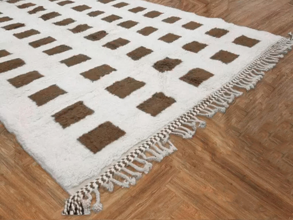 Handmade Moroccan Wool Rug, Modern Berber Beige Rug, Authentic Bohemian Area Rug, 100% Wool Checkered Area Carpet For Home Decor, Bedroom