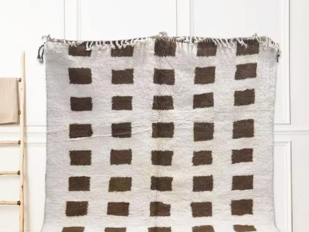 Handmade Moroccan Wool Rug, Modern Berber Beige Rug, Authentic Bohemian Area Rug, 100% Wool Checkered Area Carpet For Home Decor, Bedroom