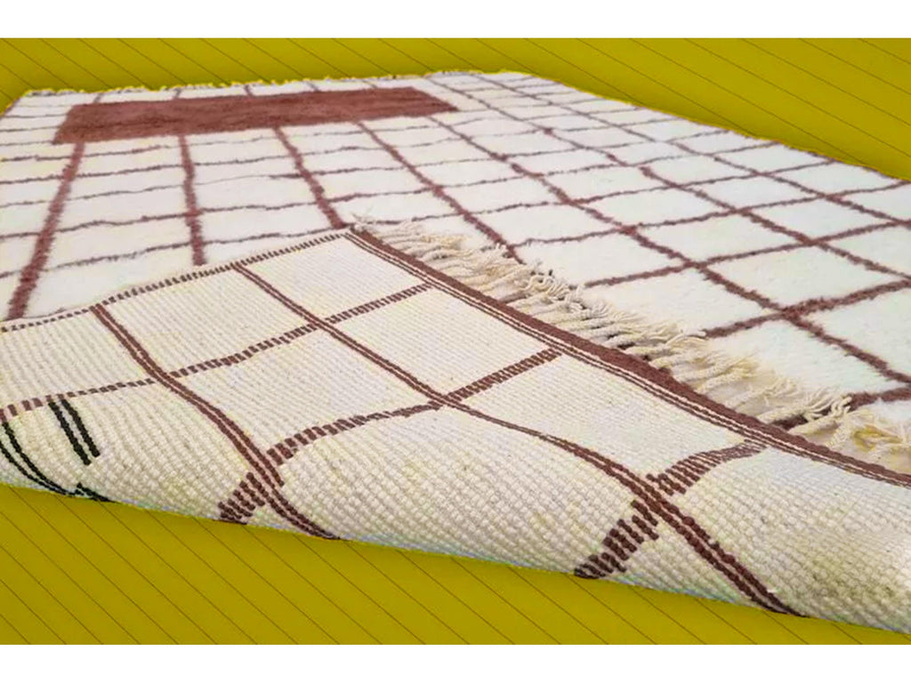Moroccan Hand Knotted Rug, Fluffy Area Rug, Custom Grid Checkered Carpet, Handmade Wool Rug, Bohemian Home Decor, Beige Pet Friendly Rug