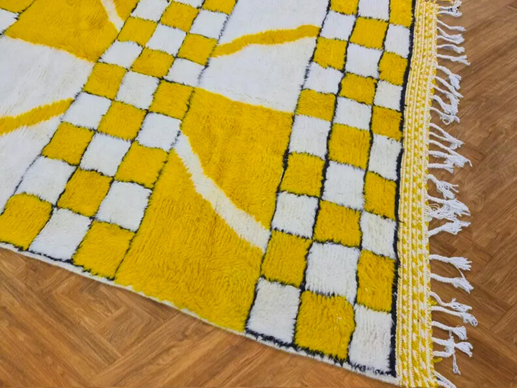 Yellow and White Checkered Berber Carpet, Handmade Moroccan Wool Rug For Your Living Room, Moroccan Mustard Rug, Sheep Wool Floor Rug