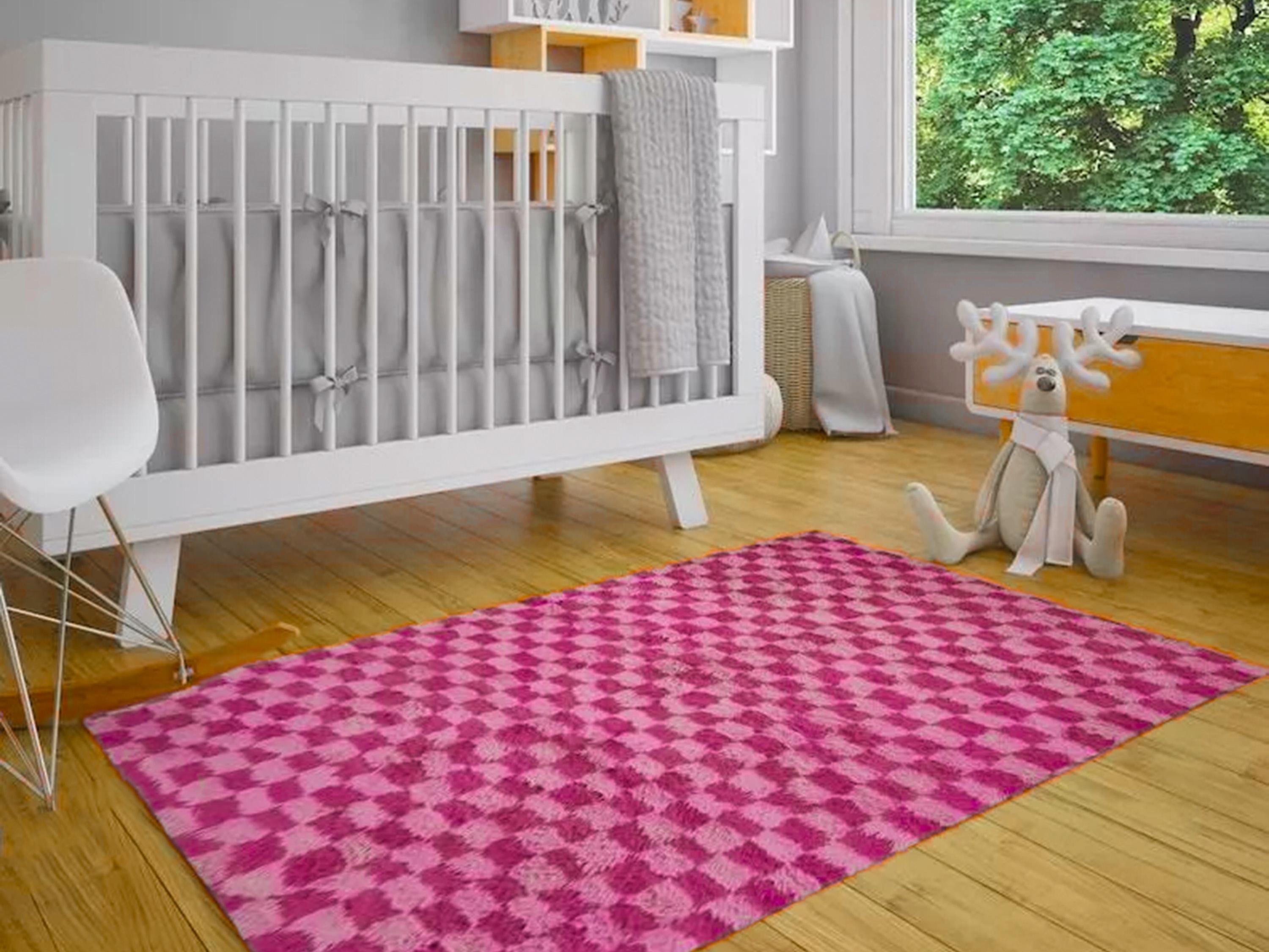 100% Wool Pink Moroccan Rug, Authentic Hand Knotted Checkered Rug, Beautiful Luxurious Fluffy Rug, Eco-Friendly Area Carpet Free Delivery