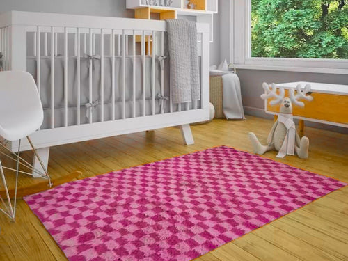 100% Wool Pink Moroccan Rug, Authentic Hand Knotted Checkered Rug, Beautiful Luxurious Fluffy Rug, Eco-Friendly Area Carpet Free Delivery