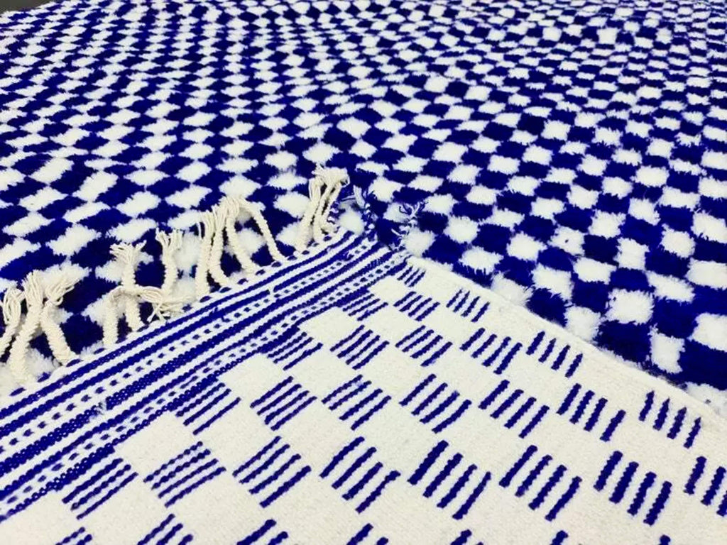 Beautiful Beni Ourain Rug, Handmade Moroccan Rug, Checkered Blue Rug For Hotel Room, Office X-mas Gift, Bedroom Rug, Azilal Rug, Wool Rug