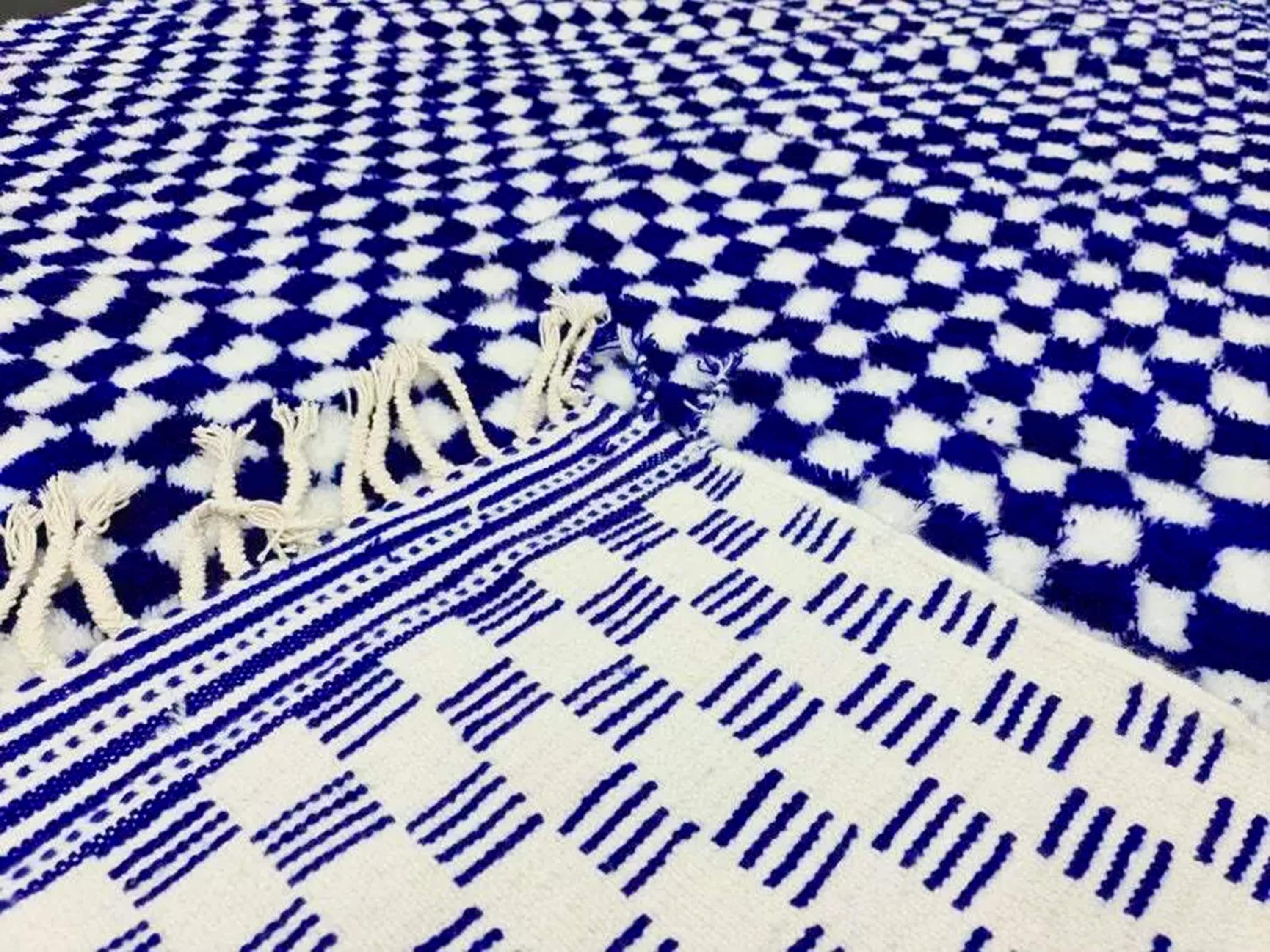Beautiful Beni Ourain Rug, Handmade Moroccan Rug, Checkered Blue Rug For Hotel Room, Office X-mas Gift, Bedroom Rug, Azilal Rug, Wool Rug