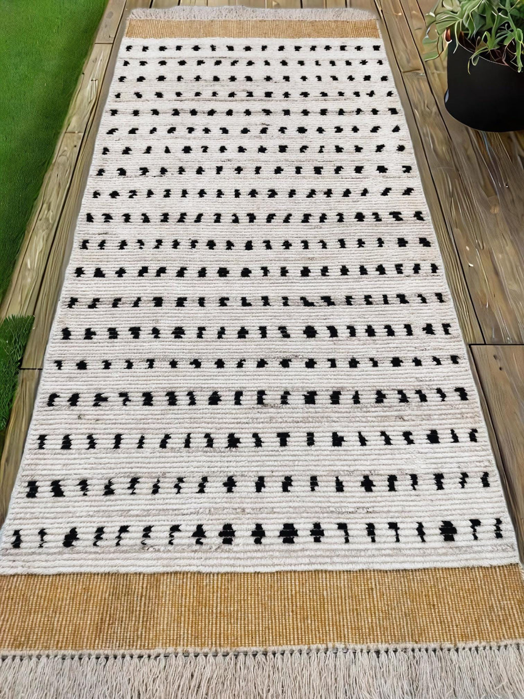 Made to Order White & Black Moroccan Rug, Dotted Wool Area Rug, Handmade Hand Knotted Berber Rug, Luxury Dining Room Carpet