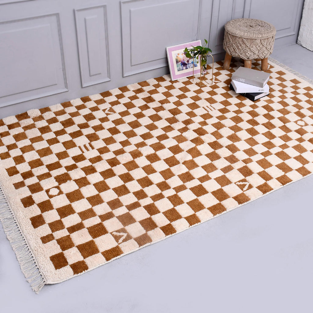 Hand-Tuffted Brown Checkered Moroccan Rug, Brown Checkered Wool Rug For Living Room, Home Decor, Christmas Gift, Custom Moroccan Area Carpet